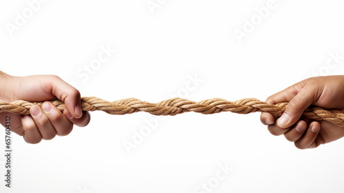 two hands pulling rope on white background