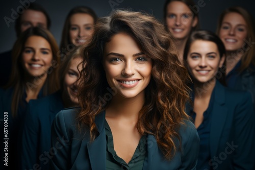Beautiful young woman with a group of diverse professionals, representing a collaborative marketing team, Generative AI