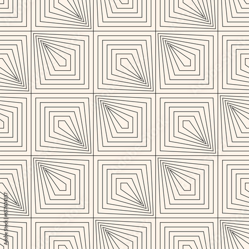 Vector geometric seamless pattern in art deco style. Elegant minimal black and white background with thin lines, squares, diamonds, repeat tiles. Stylish modern abstract monochrome texture design