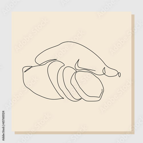 Continuous single line sketch drawing of whole health organic sweet potato for farm logo identity. One line art of fresh tuberous morning glory concept for horticultural icon. vector illustration