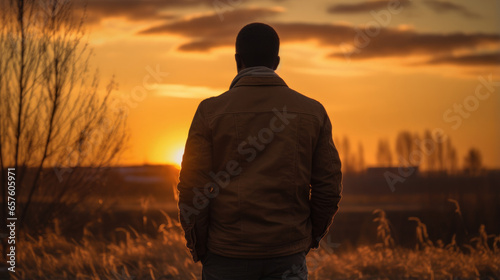 Rear view, Young handsome standing looking forward at sunset, generative ai
