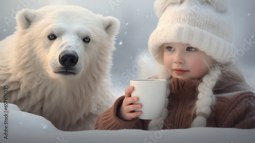 Cute girl drinking hot chocolate with a polar bear