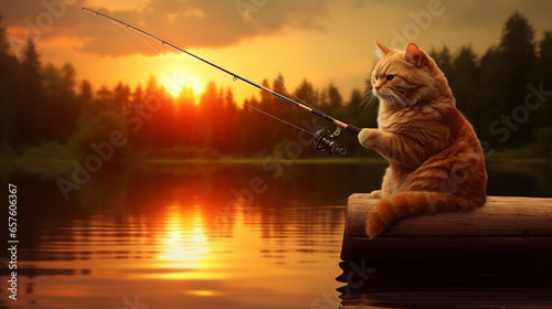 Photo Cute ginger cat fishing with a rod on the lake against the background of sunset