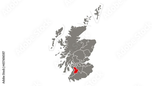 East Ayrshire council area blinking red highlighted in map of Scotland photo