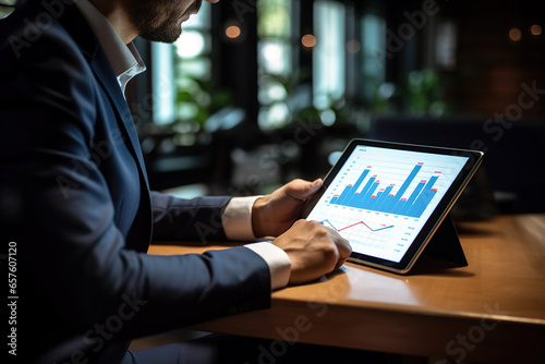 Businessman using tablet, analyzing weekly and monthly earnings and checking digital statistics over diagrams and graphs on touchscreen at office.