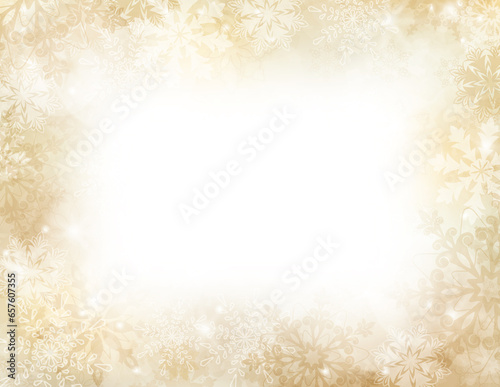 Festive Winter background with cream, and golden colored snowflakes. Elegant snowflake banner for social media with white copy space. Formatted for 11x8.5 inches. Snowflake stationary paper.