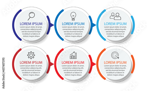 Business Infographic Template Design. Timeline with 6 marketing steps, options and icons. Vector linear infographic with six connected elements. Can be used for presentations in your business.