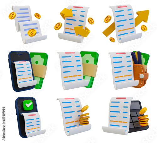 3d minimal purchase bill. shopping payment concept. set of transaction receipt icons. 3d rendering illustration.