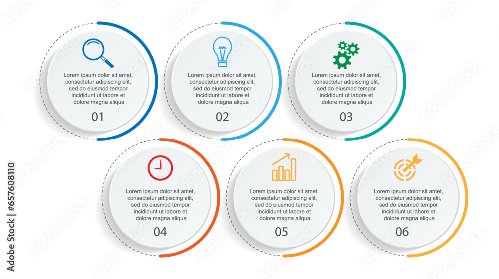 Business Infographic Template Design. Timeline with 6 marketing steps, options and icons. Vector linear infographic with six connected elements. Can be used for presentations in your business. Business Infographic Template Design. Timeline with 6 marketing steps, options and icons. Vector linear infographic with six connected elements. Can be used for presentations in your business.