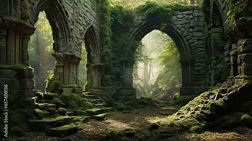 Fotografia Generative AI, Old green ruins of historical building overgrown by moss and gras