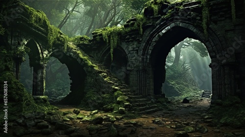 Generative AI  Old green ruins of historical building overgrown by moss and grass