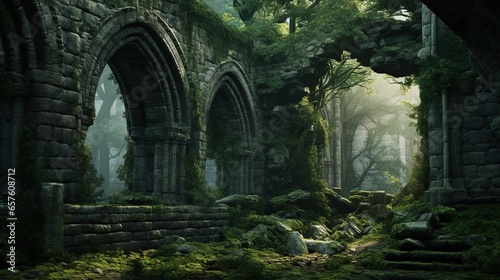 Tela Generative AI, Old green ruins of historical building overgrown by moss and gras