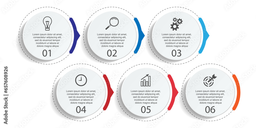Business Infographic Template Design. Timeline with 6 marketing steps, options and icons. Vector linear infographic with six connected elements. Can be used for presentations in your business. Business Infographic Template Design. Timeline with 6 marketing steps, options and icons. Vector linear infographic with six connected elements. Can be used for presentations in your business.