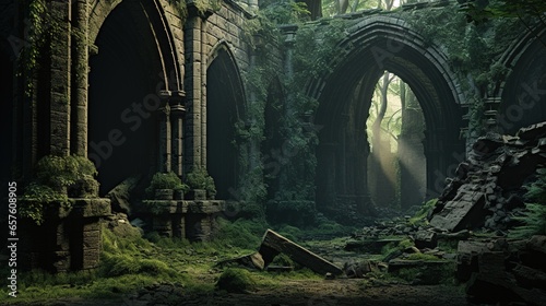 Generative AI, Old green ruins of historical building overgrown by moss and grass © DELstudio