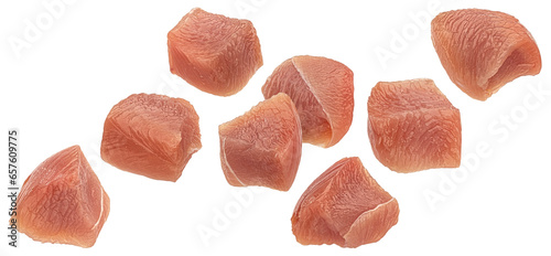 Raw turkey fillet cubes isolated on white background