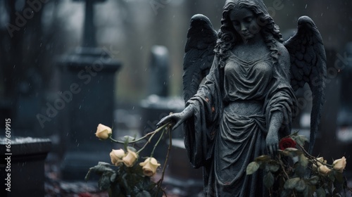 Granite bronze sculpture bust of an angel. Christian angel religion funeral ceremony, cemetery, gravestone