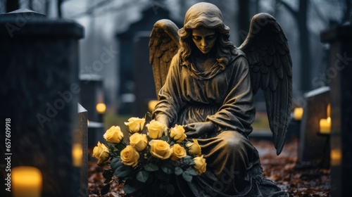 Sculpture of an angel with wings at a funeral in a cemetery near a gravestone. The angel of death and life meets the soul of the deceased