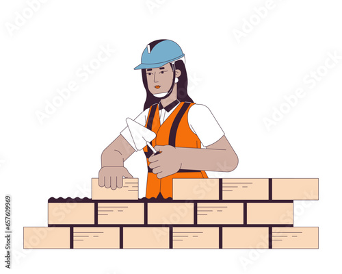 Indian woman bricklayer building line cartoon flat illustration. South asian female construction worker 2D lineart character isolated on white background. Hardhat contractor scene vector color image