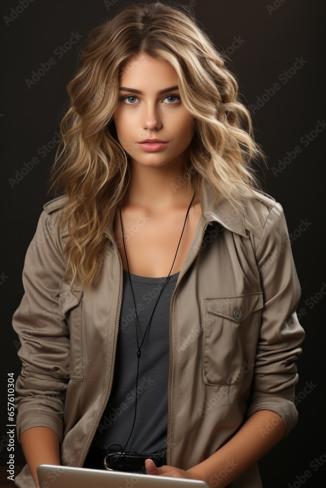 Beautiful young woman with a laptop, creating marketing content, Generative AI Beautiful young woman with a laptop, creating marketing content, Generative AI