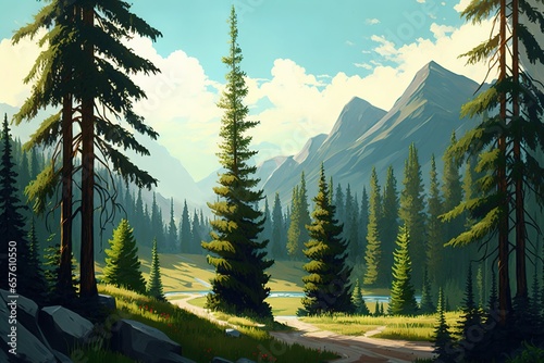 Path in the middle of the forest, spruce forest, mountains in the background, digital art style photo