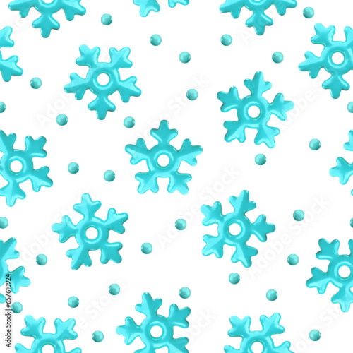 Vector 3d icy blue snowflake seamless pattern on white background. Cute Christmas, New year and winter shiny frozen snow background. 3d render snowflakes print for web, decoration, greeting card