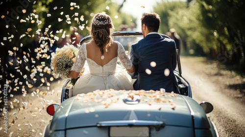 Happy beautiful wedding couple in just married car on a country road photo