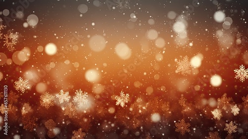 Christmas background with snowflakes  dark red  orange bokeh effect  space for text. Generative AI