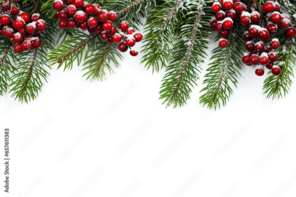 Holiday border of pine branches on white background for Christmas, in the style of snow scenes, with blank space for text. Generative AI Holiday border of pine branches on white background for Christmas, in the style of snow scenes, with blank space for text. Generative AI
