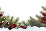 Holiday border of pine branches on white background for Christmas, in the style of snow scenes, with blank space for text. Generative AI