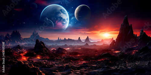 cosmic vista from the surface of a distant exoplanet, with an alien landscape suns in the sky.