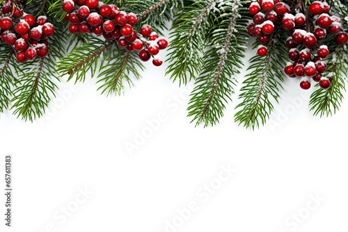 Holiday border of pine branches on white background for Christmas  in the style of snow scenes  with blank space for text. Generative AI