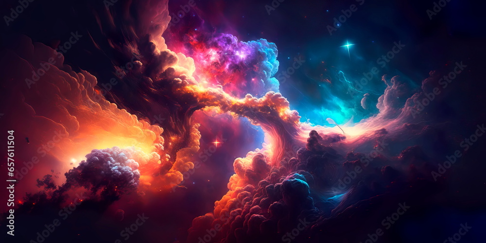 Fototapeta premium celestial background featuring a distant galaxy, colorful nebulas, and a cosmic wonderland.