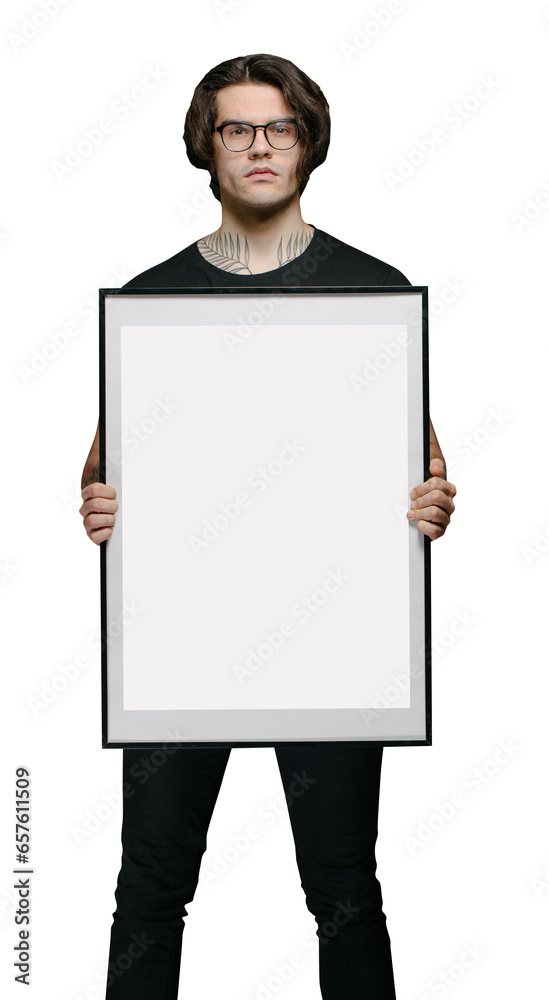 Man holding a picture frame or poster for mock up wearing black clothes over transparent background Man holding a picture frame or poster for mock up wearing black clothes over transparent background