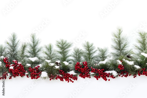 Holiday border of pine branches on white background for Christmas  in the style of snow scenes  with blank space for text. Generative AI