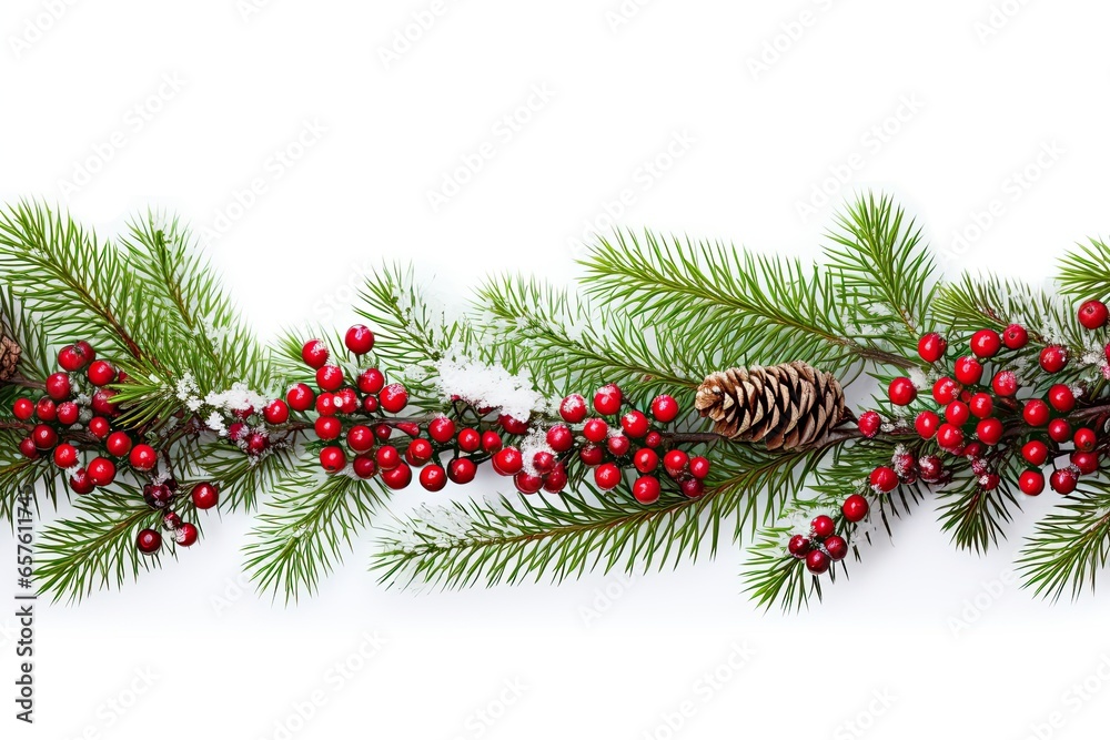 Holiday border of pine branches on white background for Christmas, in the style of snow scenes, with blank space for text. Generative AI Holiday border of pine branches on white background for Christmas, in the style of snow scenes, with blank space for text. Generative AI