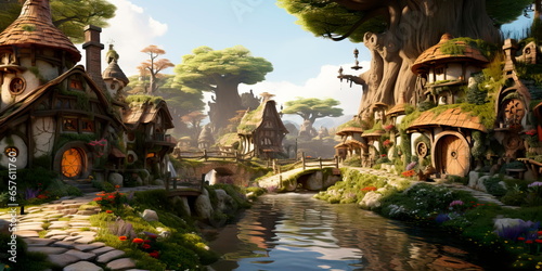 landscape village nestled in the roots of an ancient  oversized tree .
