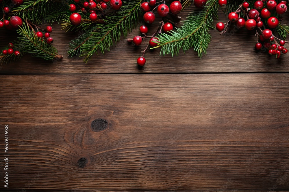 A christmas table background with pine branches and red berries, with a wooden space to write a text. Generative AI A christmas table background with pine branches and red berries, with a wooden space to write a text. Generative AI