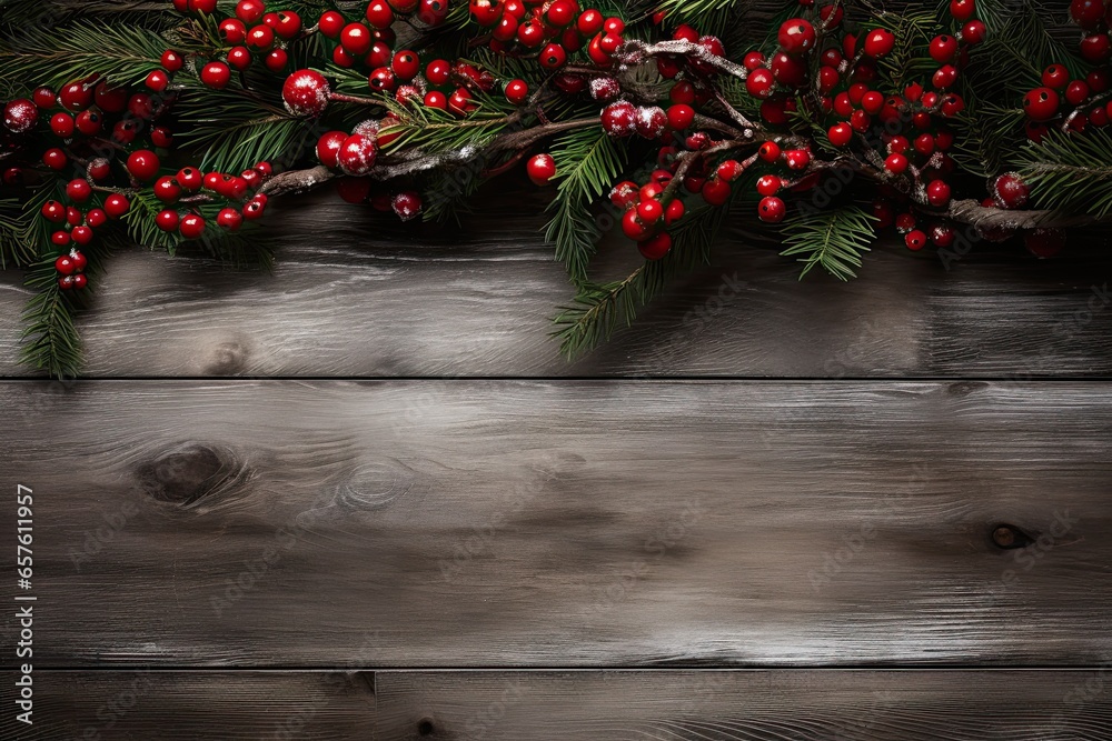 A christmas table background with pine branches and red berries, with a wooden space to write a text. Generative AI A christmas table background with pine branches and red berries, with a wooden space to write a text. Generative AI