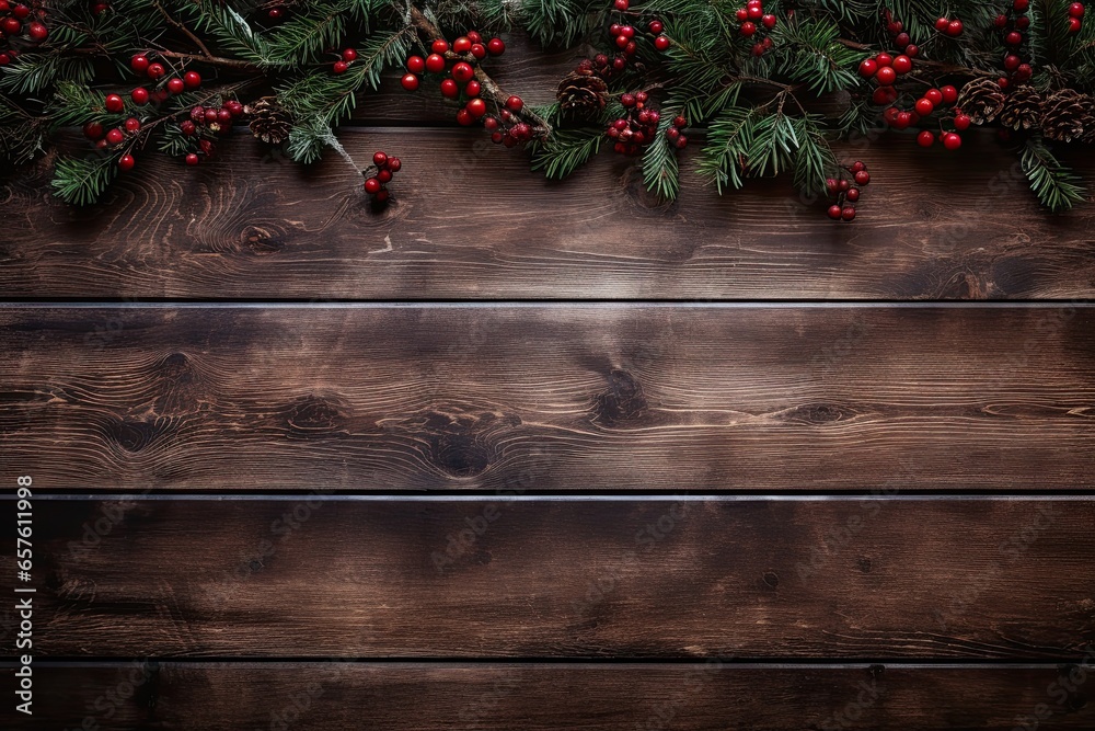 A christmas table background with pine branches and red berries, with a wooden space to write a text. Generative AI A christmas table background with pine branches and red berries, with a wooden space to write a text. Generative AI