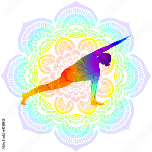 Colorful silhouette of Revolved Side Angle pose or Parivritta Parshvakonasana. Standing and Twist. Isolated vector illustration on Mandala background.