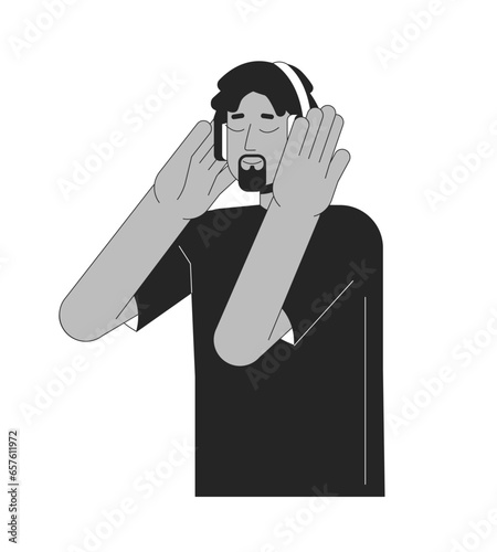 Dreadlocks happy african american man headphones black and white 2D line cartoon character. Listen to music isolated vector outline person. Dreads music lover monochromatic flat spot illustration