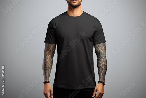 Black T-Shirt Mockup on Tattooed Male Model – Front View, Isolated in Studio