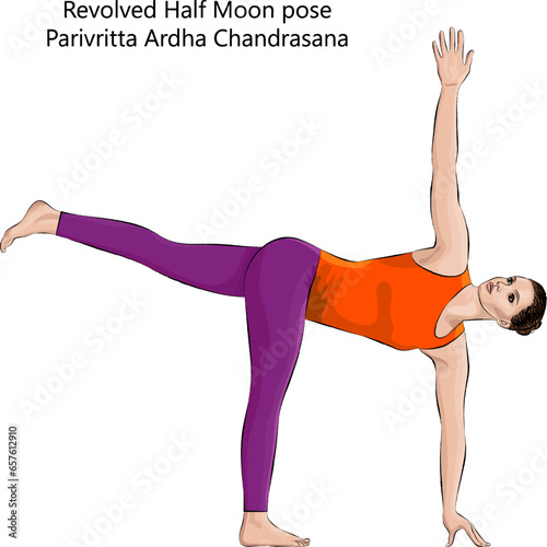 Young woman doing yoga Revolved Half Moon pose or Parivritta Ardha Chandrasana. Intermediate Difficulty. Isolated vector illustration.