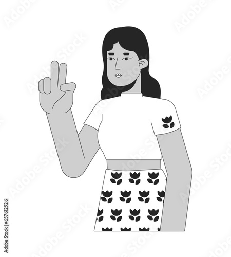 Latina young adult with two fingers up black and white 2D line cartoon character. Hispanic lady selfie taking isolated vector outline person. Nonverbal gesture monochromatic flat spot illustration