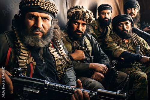 Squad of Islamic warriors. Liberators warriors in national costumes of their country.