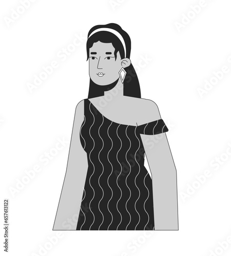 Handsome hispanic lady in 70s inspired clothes black and white 2D line cartoon character. Stylish latina woman posing isolated vector outline person. Relaxed monochromatic flat spot illustration