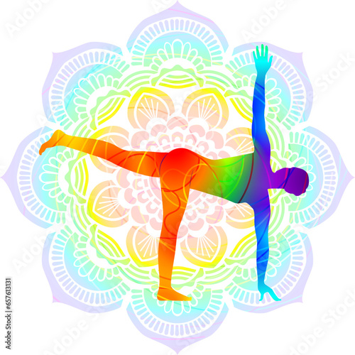 Colorful silhouette of Revolved Half Moon pose or Parivritta Ardha Chandrasana. Standing and Twist. Isolated vector illustration on Mandala background