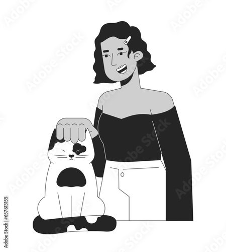 Girl latina petting domestic kitten black and white 2D line cartoon character. Hispanic lady cat head scratching isolated vector outline person. Pet lover female monochromatic flat spot illustration