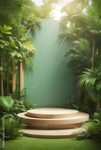 Modern podium with green nature background.