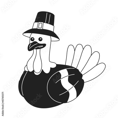 Pilgrim turkey mascot black and white 2D cartoon character. Poultry bird wearing hat isolated vector outline animal. Capotain turkey. Authentic thanksgiving monochromatic flat spot illustration photo